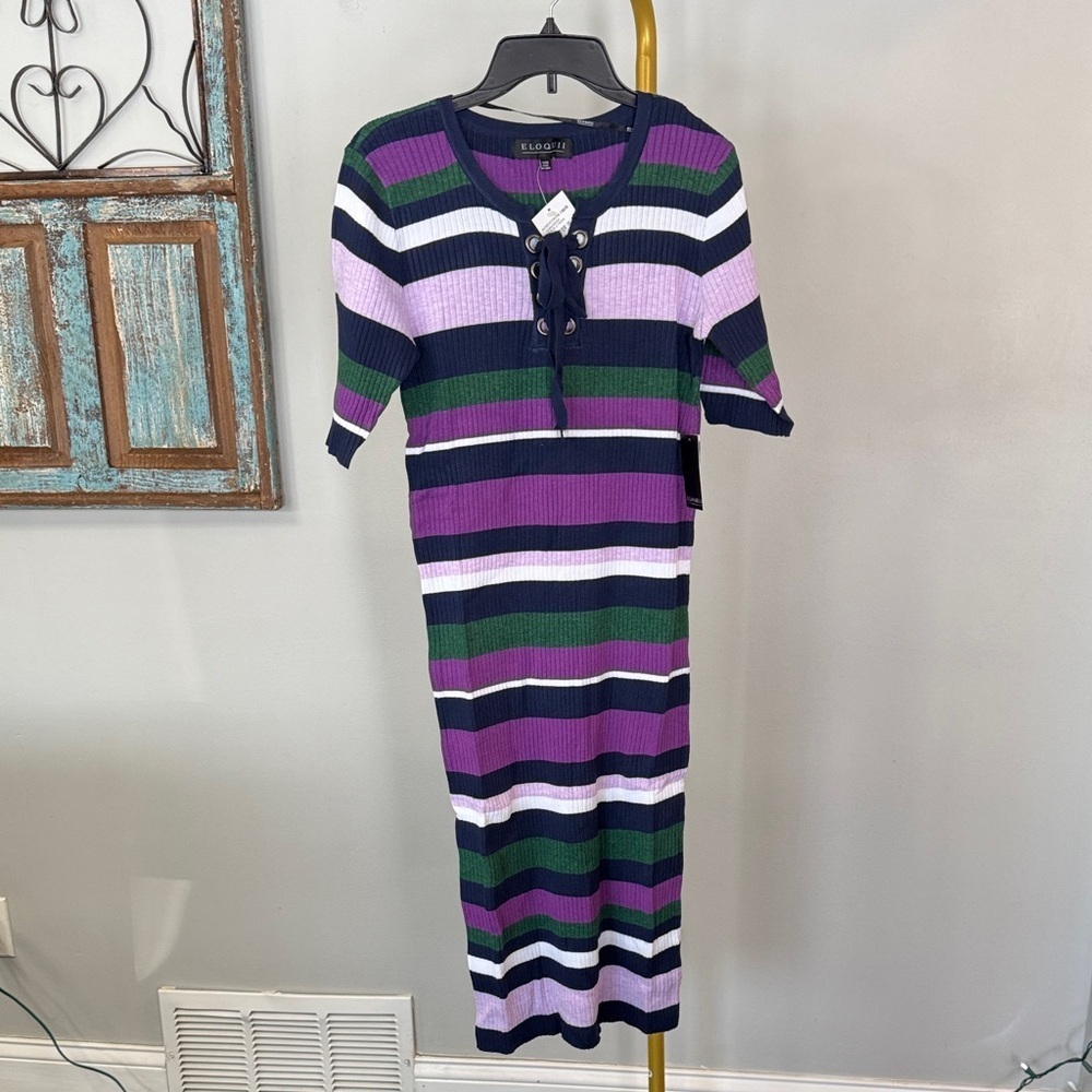 Eloquii purple Striped ribbed knit Midi Dress in Purple and Green NWT 14